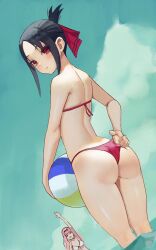 2girls ass beach beach_ball bikini black_hair blush eye_contact female female_focus female_only fujiwara_chika hair_ribbon kaguya-sama_wa_kokurasetai_~tensai-tachi_no_renai_zunousen~ looking_at_viewer looking_back pink_hair red_bikini red_eyes shinomiya_kaguya standing white_bikini zefra_bleu