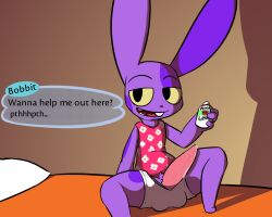 2018 alternate_species animal_crossing anthro balls_in_underwear bed biped bob_(animal_crossing) clothed clothing dialogue digital_media_(artwork) english_text erection floral_pattern floral_print furniture genitals hi_res lagomorph leporid male mammal nintendo on_bed open_mouth penis purple_body rabbit rabblet shirt simple_background sitting sitting_on_bed solo tapering_penis text topwear video_games