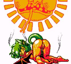 animal_humanoid ass bodily_fluids completely_nude defeated digital_media_(artwork) draco_centauros dragon dragon_girl dragon_horns dragon_humanoid dragon_tail dragon_wings female genitals green_hair hair horn humanoid humanoid_pointy_ears on_model pixel_(artwork) pussy puyo_puyo puyo_puyo_sun saiwai_hiroshi sega spiral_eyes sun sunburn sweat tail_raised tanned_skin wings