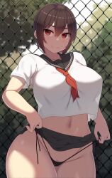 1girls 2022 black_panties blush breasts brown_eyes brown_hair female female_only hips huge_breasts massive_breasts original original_character panties sailor_collar sailor_uniform samegami short_hair smile thick_thighs thighs wide_hips