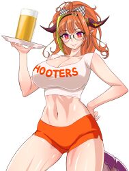 beer beer_mug breasts cleavage dragon glasses gradient_eyes hair_ornament hokke_(fryinghokke) holoforce hololive hololive_japan hooters horns kiryu_coco large_breasts looking_at_viewer medium_hair messy_hair midriff multicolored_hair orange_hair pointy_ears ponytail purple_eyes red_eyes serving_tray short_shorts shorts smile tail thick_thighs thighs two-tone_hair virtual_youtuber waitress yellow_hair