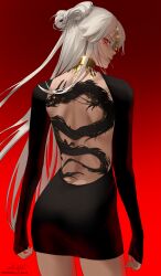 artist_name artist_signature ass back_tattoo backless_dress backless_outfit bare_back black_dress blonde_hair bow-shaped_hair closed_mouth cowboy_shot dragon_tattoo dress female from_behind genshin_impact glowing gold_choker gradient gradient_background hair_ornament highres jewelry long_hair long_sleeves looking_at_viewer looking_back m_alexa ningguang_(genshin_impact) profile red_background red_eyes signature simple_background sleeves_past_wrists solo tattoo twitter_username very_long_hair