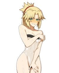 absurdres blonde_female blonde_hair blush breasts collarbone covered_navel cowboy_shot embarrassed eyes_visible_through_hair fate/apocrypha fate_(series) female green_eyes gris_swimsuit highres hyperbudd meme_attire mordred_(fate) one-piece_swimsuit parted_lips ponytail see-through simple_background small_breasts solo swimsuit teeth terebozu92 wet white_background