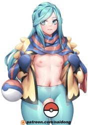 1boy 2022 armpit_crease armpits belly belly_button blue_eyes blue_hair breasts breasts_out censored exposed_breasts femboy feminine_male flat_chest flat_chested gloves grusha_(pokemon) hips light_blue_hair male male_only naidong navel nintendo nipples pokemon pokemon_sv scarf small_breasts thick thick_thighs thighs torn_clothes torn_pants tummy twink