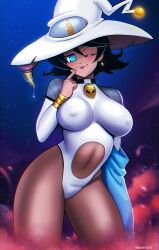 big_breasts blue_eyes breasts draw-till-death earrings navel one_eye_closed thick_thighs zyad