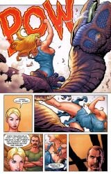 blonde_female blonde_hair blue_eyes breasts comic comic_page dave_stewart dinosaur fight fist frank_cho ka-zar_(series) marvel marvel_comics naked_overalls nipples overalls punch shanna_the_she-devil teeth torn_clothes torn_overalls