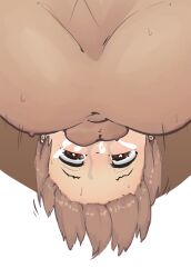 2d 2d_(artwork) aioi_yuuko blowjob brown_eyes brown_hair cum cum_in_mouth hanging_hair nichijou saliva saliva_trail school_uniform sequence serplups sweat sweatdrop throat_swabbing tongue_out upside-down