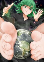 1girls barefoot black_dress cg17 curly_hair digital_media_(artwork) dress earth feet feet_together female female_only floating foot_fetish foot_focus giantess giga_giantess glowing glowing_eyes glowing_hair green_eyes green_hair impending_doom one-punch_man small_breasts smirk solo solo_female space stars steam sweat tatsumaki thighs toes