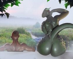 amandovakin ambiguous_gender anthro argonian arm_up ass back background bald bethesda_softworks big_ass dark-skinned_male dark_skin duo eyes furry green_skin hand_behind_head horn hot_spring humanoid interracial looking_at_viewer looking_back looking_back_at_viewer open_eyes orange_eyes outside rear_view redguard reptile scales scalie shiny_skin short_hair sitting skyrim spread_arms tail the_elder_scrolls thick water