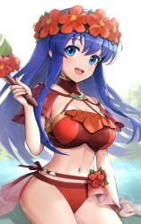 1girls :d arm_support bikini blue_eyes blue_hair blush breasts cleavage commentary female female_only fire_emblem fire_emblem:_the_binding_blade fire_emblem_heroes flower gloves gonzarez hair_flower hair_ornament hand_up hat head_wreath headband highres holding large_breasts lilina_(fire_emblem) lilina_(summer)_(fire_emblem) looking_at_viewer navel nintendo official_alternate_costume open_mouth red_bikini red_flower red_swimsuit revision smile solo stomach swimsuit thighs water