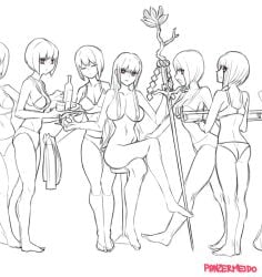 6girls big_breasts bikini bra breasts clone clones clothed clothed_female_nude_female clothing cousins crossed_legs female_only hair_censor hair_over_breasts hana_sunomiya huge_breasts large_breasts long_hair looking_at_viewer medium_hair monochrome nude panzermeido please_don't_bully_me,_nagatoro president_(nagatoro) red_eyes sana_sunomiya sideboob simple_background sitting sketch underwear underwear_only watermark white_background