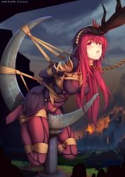 bodysuit bondage bound chains collar fate/grand_order fate_(series) helpless leaking_cum red_eyes red_hair rope rope_bondage scathach_(fate) tied_up tokinohimitsu wet