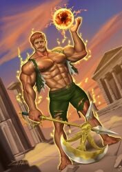 axe bulge escanor looking_at_viewer male male_only muscles muscular muscular_male mustache nanatsu_no_taizai ripped_clothing ripped_pants ripped_shirt seven_deadly_sins sun zharts