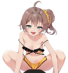 agnamore ahoge blue_eyes blush bra breasts brown_hair drooling empty_eyes hololive hololive_gen_1 hololive_japan hypnosis imminent_sex lingerie mind_control natsuiro_matsuri panties ponytail short_hair side_ponytail small_breasts squatting sweat tongue tongue_out virtual_youtuber