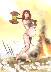 axe barefoot bikini_armor blood fuccbou functionally_nude loincloth looking_at_viewer medieval pinup pregnant pregnant_belly ready_to_pop softcore