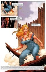 blonde_female blonde_hair blue_eyes breasts comic comic_page dave_stewart falling fist frank_cho ka-zar_(series) marvel marvel_comics messy_hair naked_overalls narration nipples overalls shanna_the_she-devil torn_clothes torn_overalls