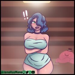 1girls arms_crossed big_ass big_breasts big_thighs black_hair blue_hair choker covered_nipples covering curvaceous curvy curvy_female curvy_figure cute emerald_(jonohasmono) female goth goth_girl green_eyes hair_over_one_eye harold_(jonohasmono) hat huge_ass huge_breasts jonohasmono monster nude nude_female sauna short_hair sketch sketch_page steam sweat tentacle tentacle_monster thick_ass thick_thighs tophat towel