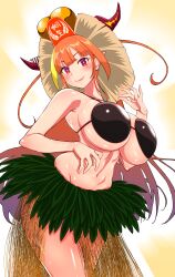 blush breasts cleavage coconut coconut_bra dragon gradient_eyes grass_skirt hokke_(fryinghokke) holoforce hololive hololive_japan horns huge_breasts hula hula_dancer kiryu_coco long_hair orange_eyes orange_hair pointy_ears purple_eyes tail thick_thighs thighs two-tone_hair virtual_youtuber wide_hips yellow_hair