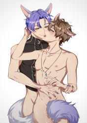 2boys absurdres animal_ears arm_grab bottomless brown_eyes completely_nude cum cum_on_legs eiden_(nu:_carnival) fox_ears fox_tail gay heterochromia highres imminent_kiss jewelry kuya_(nu:_carnival) light_brown_hair looking_at_another male male_focus male_only male_with_painted_nails mole mole_under_eye multiple_boys necklace nipples nu:_carnival nude oerba_yun_fang open_mouth purple_eyes purple_hair purple_nails simple_background skin_fang tail white_background yadome810 yaoi yellow_eyes