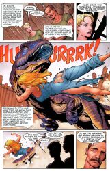 ashes ass blonde_hair blue_eyes butt comic comic_page dave_stewart dinosaur fight frank_cho grabbing jungle_girl ka-zar_(series) marvel marvel_comics naked_overalls narration overalls shanna_the_she-devil teeth text text_bubble torn_clothes torn_overalls