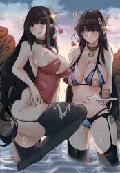 2girls absurdres after_fellatio bangs black_garter_straps black_hair black_thighhighs blue_bra blue_panties blunt_bangs bra breasts bukkake collar condom condom_belt condom_box condom_in_clothes cum cum_on_body cum_on_breasts cum_on_clothes cum_on_legs green_eyes hair_ornament highres hime_cut hinoa huge_breasts inverted_nipples large_areolae leotard lingerie long_hair minoto monster_hunter monster_hunter_rise multiple_girls navel nursing_bra onsen panties phantasmaliagon pointy_ears red_leotard siblings sisters slit_pupils standing standing_on_one_leg strapless strapless_leotard stray_pubic_hair thighhighs tray twins underwear very_long_hair wading water wyverian