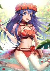 1girls bikini blue_eyes blue_hair blush commentary_request female female_only fire_emblem fire_emblem:_the_binding_blade fire_emblem_heroes flower gloves gonzarez hair_flower hair_ornament hat headband highres lilina_(fire_emblem) lilina_(summer)_(fire_emblem) looking_at_viewer navel nintendo official_alternate_costume red_bikini red_swimsuit sandals smile solo swimsuit water