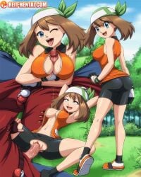 1boy 1boy1girl 1girls age_difference ahe_gao big_breasts blue_eyes brown_hair clothed_sex green_bandana huge_breasts legs looking_at_viewer may_(pokemon) may_(pokemon_emerald) multiple_poses nintendo no_bra no_panties older_man_and_teenage_girl paizuri pokemon pokemon_rse pokemon_trainer reit sex spats tagme team_pokemon torn_clothes vaginal vaginal_penetration vaginal_sex younger_female