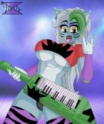 1girls animal_ears animal_humanoid armwear breasts crop_top dyed_hair eyeshadow five_nights_at_freddy's five_nights_at_freddy's:_security_breach five_nights_in_anime green_hair grey_body grey_fur grey_hair hand_gesture keytar large_breasts lipstick long_eyelashes looking_at_viewer makeup nail_polish open_mouth panties raised_eyebrows roxanne_wolf_(fnaf) sharp_teeth smile smiling_at_viewer solo thighhighs tongue underboob wolf yellow_eyes ynrs ynrs5