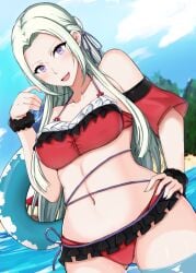 1girls :d alternate_costume ass_visible_through_thighs bare_shoulders beach bikini blue_sky blush chiyo_(pk19981234) cloud collarbone commentary_request cowboy_shot day detached_sleeves edelgard_von_hresvelg fire_emblem fire_emblem:_three_houses float hair_ribbon hand_on_hip highres in_water inflatable_ring innertube long_hair looking_at_viewer looking_down navel nintendo ocean open_mouth partially_submerged purple_eyes red_bikini ribbon short_sleeves silver_hair sky smile solo standing_in_water swimsuit teeth water wrist_cuffs