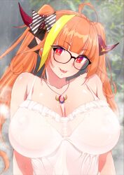 ahoge blush breasts dragon glasses gradient_eyes hair_ornament hokke_(fryinghokke) holoforce hololive hololive_japan horns huge_breasts jewelry kiryu_coco long_hair multicolored_hair nipples nipples_visible_through_clothing orange_eyes orange_hair purple_eyes see-through smile sweat tongue tongue_out twintails two-tone_hair virtual_youtuber yellow_hair