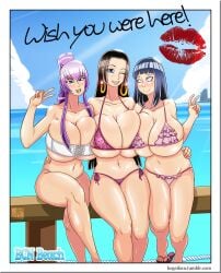 2022 3girls absurdres arm_up asymmetrical_docking beach big_breasts bikini black_hair blue_eyes boa_hancock breast_docking breast_press breasts breasts_bigger_than_head byakugan crossed_legs crossover ear_piercing english_text female female_only flip_flops footwear highres highschool_of_the_dead huge_breasts hyuuga_hinata kogeikun large_breasts long_hair looking_at_viewer multiple_girls naked_footwear naruto naruto_(series) naruto_shippuden one_eye_closed one_piece open_mouth outdoors partially_undressed piercing ponytail purple_hair saeko_busujima sandals shounen_jump sitting smile swimsuit text top_heavy v voluptuous white_eyes