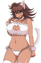 1girls afuro blush boob_window bra brown_eyes brown_hair cat_ears cat_tail danganronpa danganronpa_2:_goodbye_despair dark-skinned_female looking_at_viewer navel owari_akane smooth_skin solo stockings super_danganronpa_2 underwear wristwear