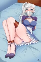 angry arms_tied_behind_back blue_eyes blush bondage bound_ankles bound_legs gag gagged looking_at_viewer mymyeye on_back on_bed questionable_consent rwby scar_across_eye solo tape_gag weiss_schnee white_hair