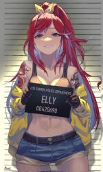 1girls abs belt belt_buckle breasts cleavage clothed dragon_tattoo elly_(vtuber) facing_viewer female female_only green_eyes indie_virtual_youtuber jacket jean_shorts large_breasts light-skinned_female light_skin long_hair looking_at_viewer midriff mugshot off_shoulder open_jacket open_mouth pink_lipstick prison prisoner rasetsu red_hair shorts shoulder_tattoo streetwear tagme tank_top tattoos teeth virtual_youtuber