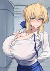 1girls 2022 ahoge alternate_breast_size artoria_pendragon barely_contained blonde_female blonde_hair breasts cleavage fate/grand_order fate/stay_night fate_(series) female female_only green_eyes hirasawa_seiji huge_breasts massive_breasts naughty_face saber smile straining_buttons suggestive_look tied_hair white_shirt wip work_in_progress