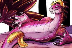 arm_markings claws cloacal_penis dragon erection feral foreskin front_view genitals glans horn imperatorcaesar long_neck looking_at_viewer lying male markings narrowed_eyes on_side penis pink_body pink_scales purple_body purple_claws purple_scales scales shoulder_markings solo unsigned yellow_glans yellow_horn yellow_markings yellow_penis