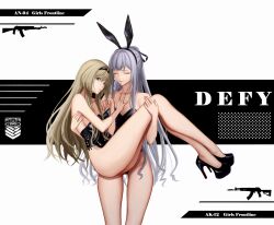 2girls add_leir ak-12 ak-12_(girls'_frontline) alternate_costume an-94 an-94_(girls'_frontline) animal_ears aqua_eyes assault_rifle bangs bare_legs bare_shoulders black_footwear black_hairband black_leotard black_ribbon blonde_hair breasts character_name cleavage closed_eyes closed_mouth collarbone copyright_name defy_(girls'_frontline) fake_animal_ears feet_out_of_frame girls'_frontline grey_hair griffin_&_kryuger gun hair_ribbon hairband high_heels highres kalashnikov_rifle legs leotard long_hair looking_at_viewer medium_breasts multiple_girls playboy_bunny ponytail rabbit_ears ribbon rifle sideboob silhouette simple_background sitting sitting_on_person smile standing thighs weapon