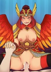 aged_up armor asian_mythology chinese_mythology clothed clothed_sex cum_in_pussy green_eyes jing_wei_(smite) male mythology pov pov_eye_contact red_hair smite wings zennore