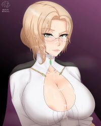 1girls areola_slip blonde_hair bravebengal cape cleavage cleavage_cutout clothed cum cum_on_breasts cum_on_face cum_on_hair earrings eyebrows_visible_through_hair female_only glasses glossy_lips glynda_goodwitch green_eyes heart-shaped_pupils looking_at_viewer rwby shiny_hair shiny_skin smile solo tagme