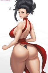 1girls 2022 absurd_res artist_signature ass ass_focus ass_shot back back_view backboob black_hair black_panties black_thong breasts bubble_ass bubble_butt dress embarrassed feet_out_of_frame female huge_ass huge_breasts light-skinned_female light_skin long_hair momo_yaoyorozu my_hero_academia panties pantyshot pantyshot_(standing) patreon_username ponytail red_dress revealing_clothes shounen_jump simple_background superbusty thong wardrobe_malfunction