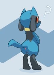 anthro anus ass blue_body blue_fur canid canine female fur genitals hal_(artist) hi_res looking_back mammal nintendo pokémon_(species) pokemon pussy red_eyes riolu solo standing video_games