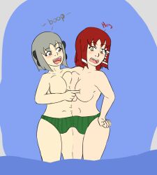 2girls breast_poke conjoined fasen_(doodledowd) grey_hair light-skinned_female light_skin maki_(mixedkori) mixedkori red_hair topless twintails