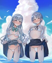 2girls :> beach big_breasts blue_eyes blush blush_lines bow_tie bowtie brown_eyes earrings female female_focus female_only hisakawa_hayate idolmaster idolmaster_cinderella_girls in_water lifting_skirt long_hair looking_at_viewer micro_bikini multiple_girls nipples_visible_through_clothing otokura_yuuki pink_nipples school_uniform schoolgirl shirota_mizuki short_hair showing_panties silver_hair skirt_lift skirt_up small_breasts very_short_hair white_bikini white_panties