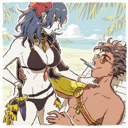 alternate_costume bikini black_bikini black_swimsuit breasts byleth_(fire_emblem) byleth_(fire_emblem)_(female) byleth_(summer)_(fire_emblem)_(female) claude_von_riegan claude_von_riegan_(summer) female fire_emblem fire_emblem:_three_houses fire_emblem_heroes male nintendo official_alternate_costume outdoors straight swimsuit whang_b