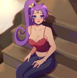 1girls artist_name bare_arms bare_shoulders blue_eyes breasts brown_skin choker cleavage collarbone dark-skinned_female dark_skin denim earrings female female_focus female_only highres jeans jewelry long_hair looking_at_viewer open_mouth pants pointy_ears ponytail purple_hair red_tank_top satannie shantae shantae_(character) sitting sitting_on_stairs smile smooth_skin solo stairs tan_skin tank_top tiara very_long_hair