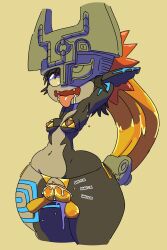 ahe_gao bikini bodily_fluids breasts clothing crotchless_clothing drooling fangs female finger_fuck fingering genital_fluids genitals hands_behind_head hi_res humanoid humanoid_pointy_ears imp imp_midna looking_pleasured midna nintendo not_furry one_eye_obstructed pussy pussy_juice saliva simple_background small_breasts solo swimwear the_legend_of_zelda thebombshell5 tongue tongue_out triforce twili twilight_princess vaginal_penetration video_games