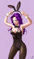 1girls abigail_(stardew_valley) big_breasts bowtie breasts bunny_ears bunny_girl bunnysuit female female_only green_eyes light-skinned_female light_skin long_hair lullubidet purple_hair solo solo_female stardew_valley