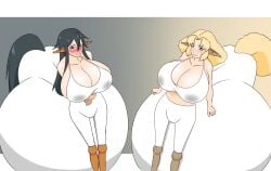 2girls big_breasts centaur centauress clothing embarrassed equine glasses huge_belly hyper_pregnancy knownmusk lactating lactation_through_clothes monster_girl ponytail pregnant pregnant_belly tiffany_(science_fiction) white_clothing