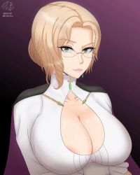 1girls areola_slip blonde_hair bravebengal cape cleavage cleavage_cutout clothed earrings eyebrows_visible_through_hair female_only glasses glossy_lips glynda_goodwitch green_eyes looking_at_viewer rwby shiny_hair shiny_skin smile solo tagme