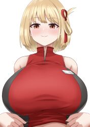 1girls big_breasts big_breasts blonde_hair blush breasts breasts breasts female huge_breasts large_breasts looking_at_viewer lycoris_recoil nishikigi_chisato red_eyes red_topwear short_hair smile solo tease teasing teasing_viewer tereshimax top top_heavy topwear